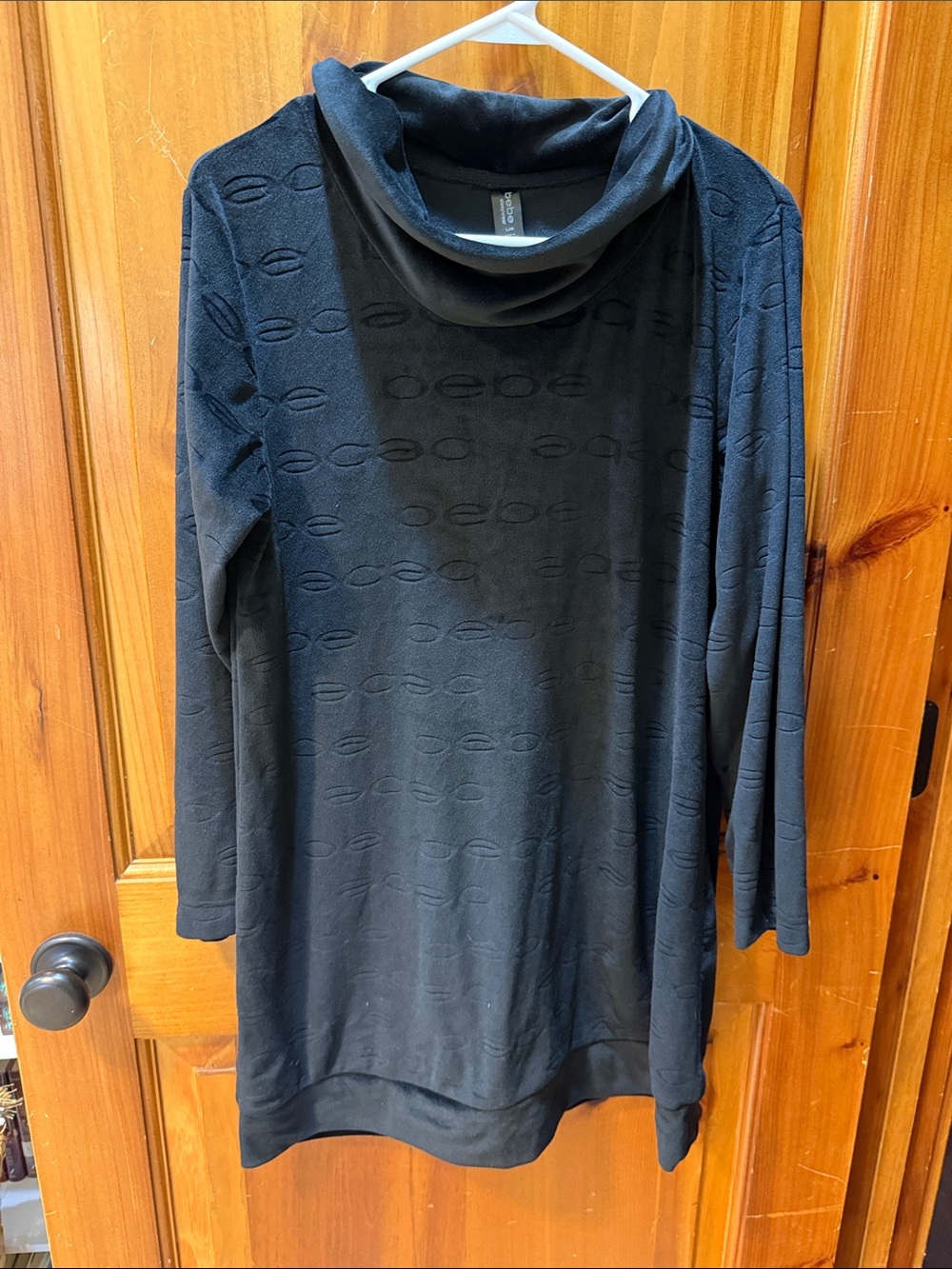 Women’s BEBE Black Cowl Neck Long-Sleeve Tunic Top/Dress, Sz LG, sleep, velvet